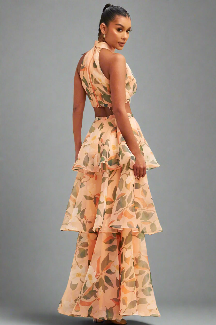 BloomAura Tiered Halter Dress – Elegant Floral Summer Maxi