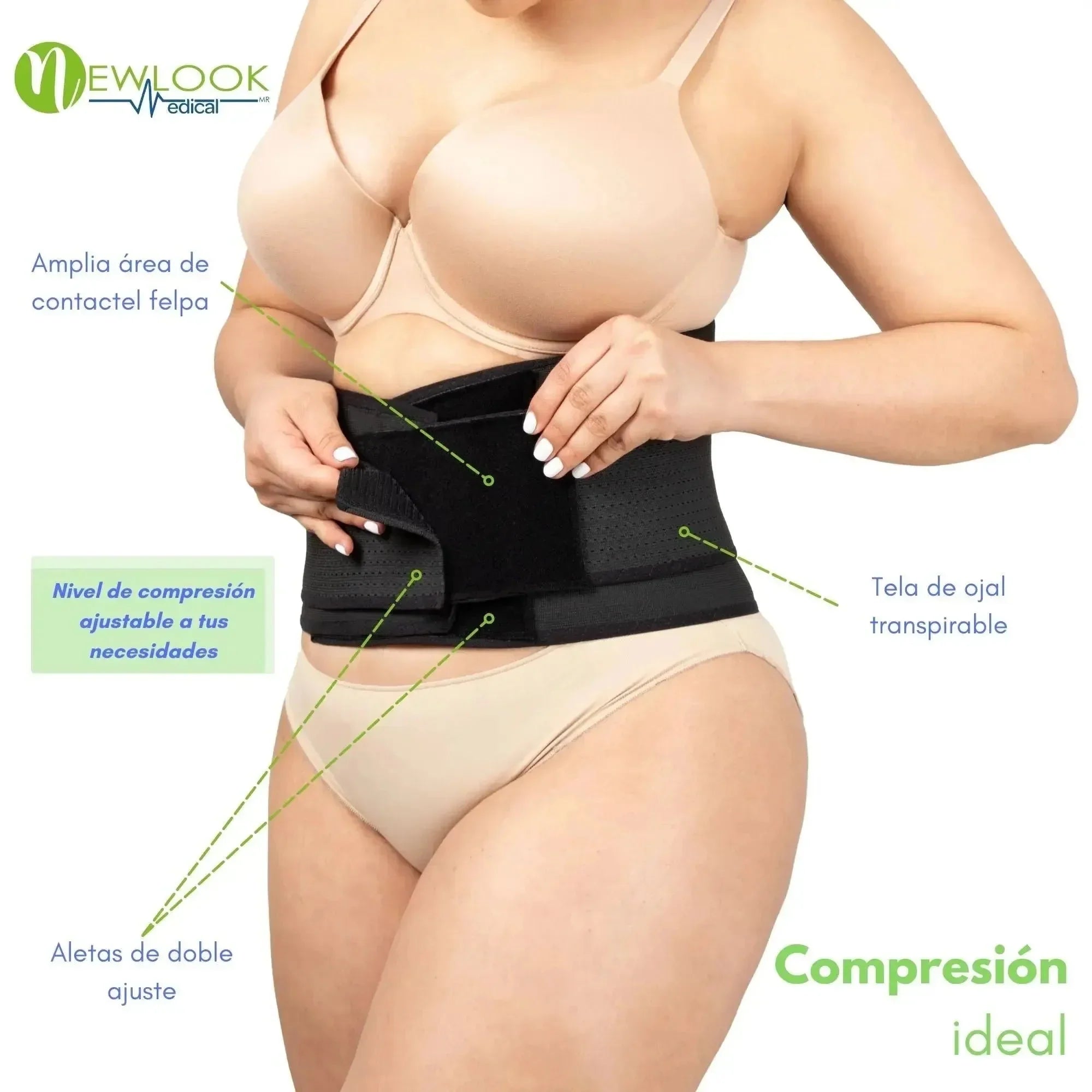 NEWLOOK MEDICAL Soporte Sacro Lumbar Alto - Alta Compresión – Ajustable - 4 Varillas flexibles