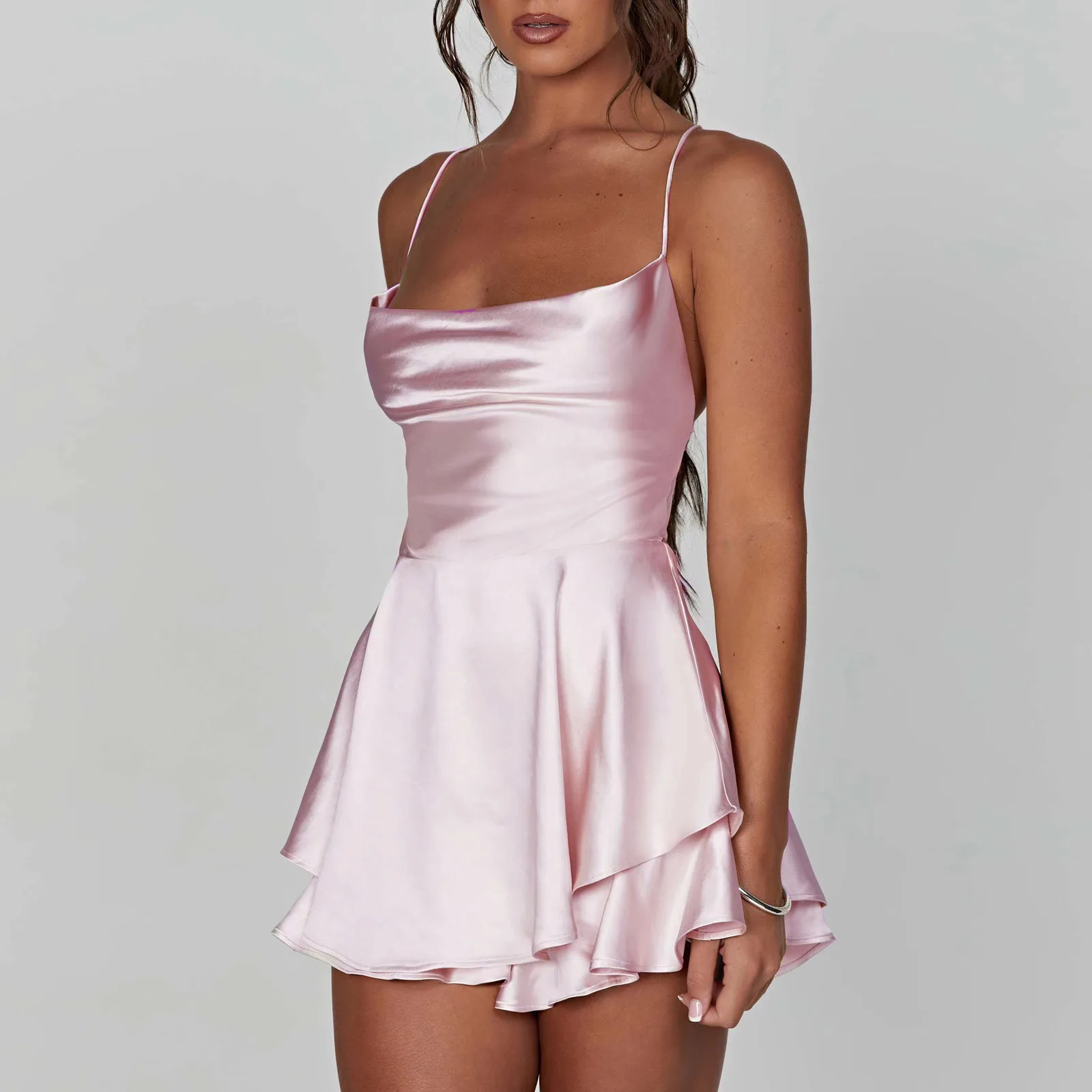 Elegant Satin Romper – Red Backless Party One-Piece with Drape Neck