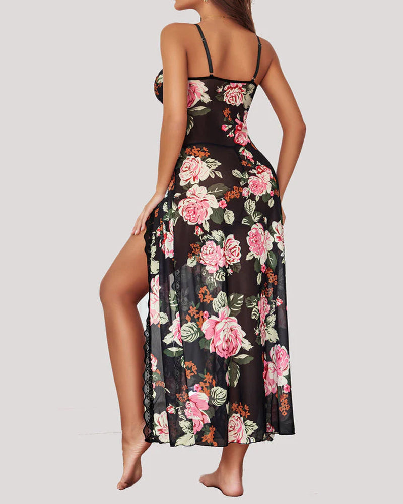 Conjunto de Pijama Sexy de Tirantes con Malla de Encaje Transparente y Aberturas Laterales – Mujer